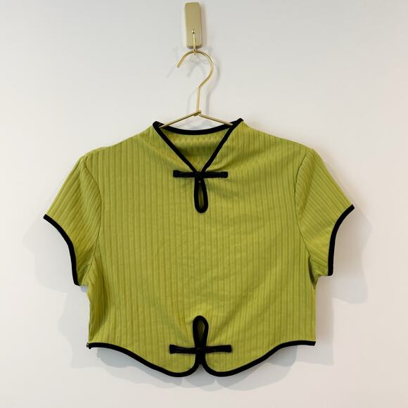 SHEIN Green Ribbed Crop Top S Mandarin Collar Contrast Trim - Picture 3 of 5